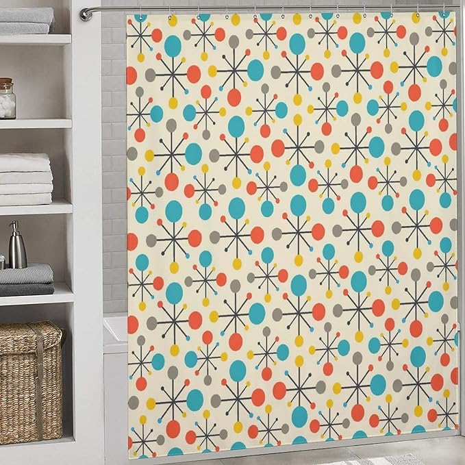 Mid Century Modern Shower Curtain,Atomic Retro Colourful Geometric Polka Dots Stripe Vintage 1950s Bathroom Curtain Polyester Waterproof Fabric Decor 72x72in（183x183cm）