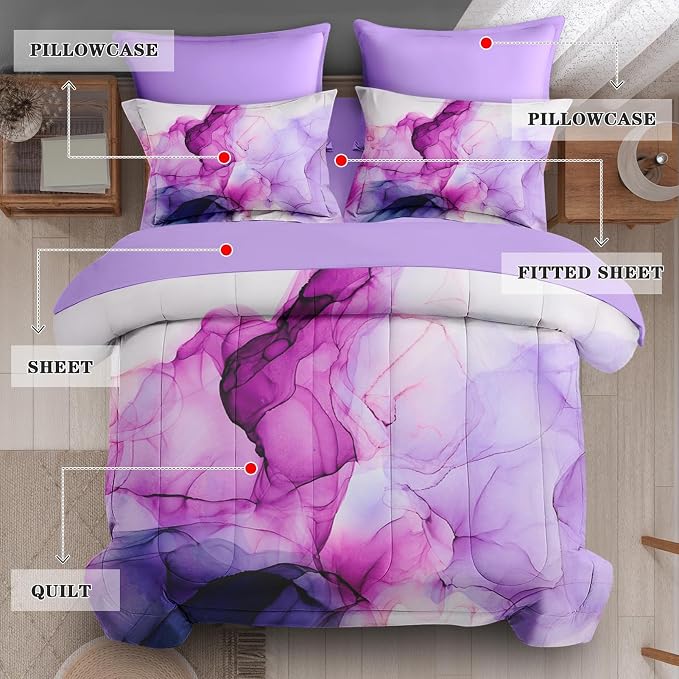 7Pcs Comforter Set Full Size, Blue Purple Lavender Marble, Bedding Decor Pink Watercolor Smoke Abstract Shapes Bedroom Bed Set Flat Sheet Fitted Sheet Pillowcases Shams for Kids Adults