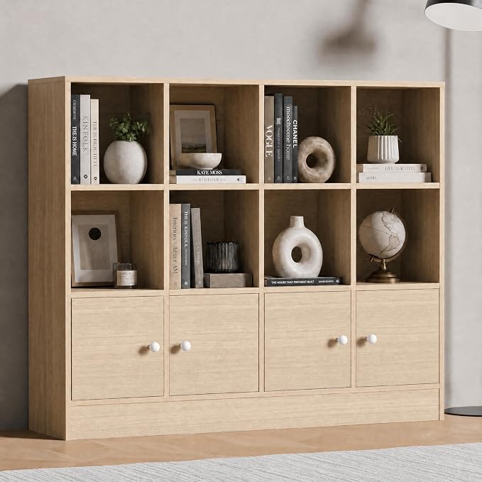 Cozy Castle Oak Wood Bookcase, 12 Cube Display Shelf with 4 Doors, 3 Tier Open Bookshelf with Adjustable Shelves for Living Room, Home Office, Entryway