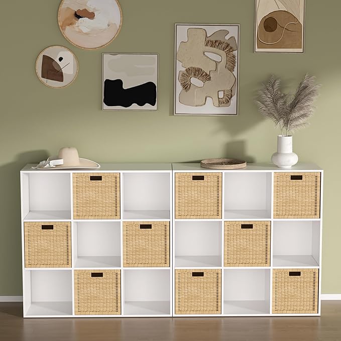 Wooden 9 Cube Storage Organizer with Closed Back Panel,White Cube Shelf Cubby Storage Organizer with Compartments for Living,Bookshelf, Easy to Install (White, 9 Cube-13in)