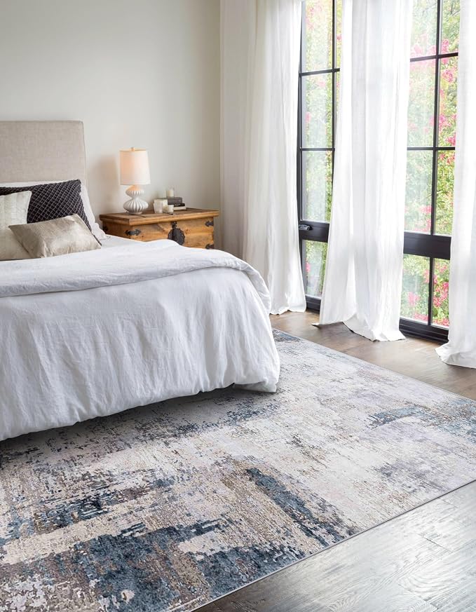 vivorug Washable Rug, Ultra Soft Area Rug 6x9, Non Slip Abstract Rug Carpet, Stain Resistant Rugs for Living Room Bedroom, Modern Fluffy Rug (Gray/Navy, 6'x9')