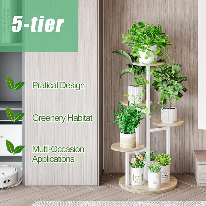 INGIORDAR Plant Stand Indoor Outdoor Corner Plant Shelf for Multiple Flower Pots Flower Stand Holder for Patio Garden Balcony Living Room (White+Sonoma Oak, 5 Tier)