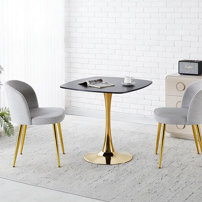 31.5 Inch Square Dining Table for 2 to 4 Person Mid Century Modern Tulip Table with Metal Pedestal Base Thick MDF Top for Apartment Kitchen Bistro Office, Black and Golden
