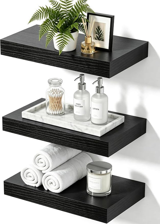 Floating Shelves for Wall, Bathroom Shelves Over Toilet, Wall Shelves & Book Shelf for Room, Hanging Shelf, Modern Wooden Wall-Mounted Small Floating Shelves, 12x7x1.5 in (Black, Set of 3)