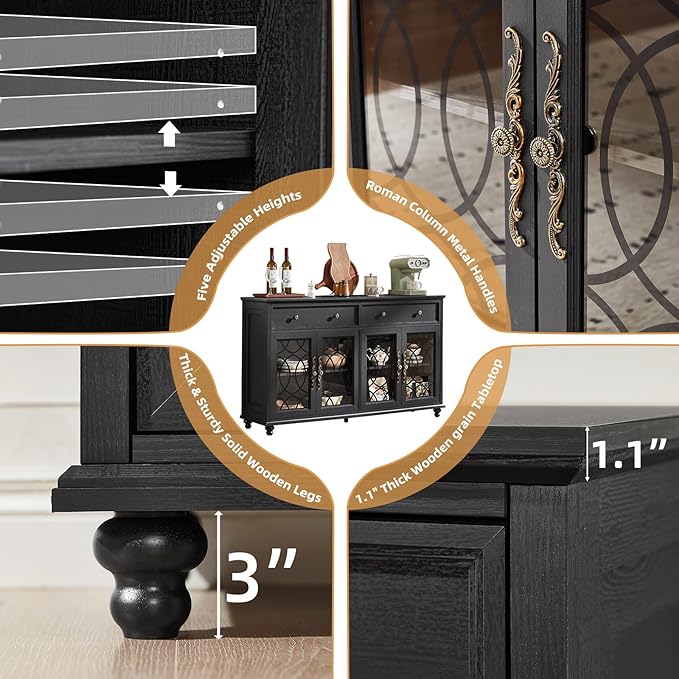 Large Sideboard Buffet Cabinet Set of 2 with Storage,59" Credenza with 4 Glass Doors & 2 Drawers,Adjustable Shelves Coffee Bar,Wood Kitchen Console Table for Dining Room,Black