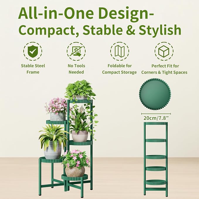 5 Tier Large Plant Stand Indoor, 7.9 Inch Wide Corner Tall Metal Plant Stands Outdoor for Multiple Plants, Folding Tiered Flower Display Holder Rack Shelf -GreenFloroma