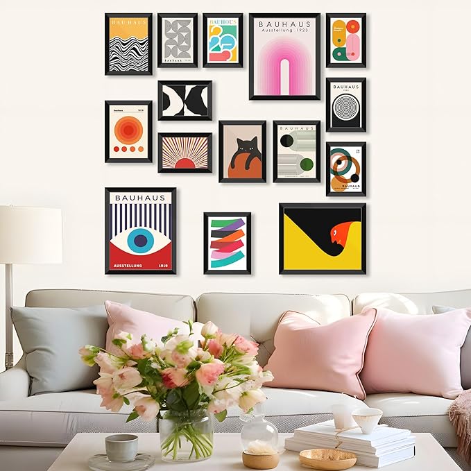 LANCHI95 15 PCS Boho Wall Decor– Mid Century Modern Wall Art Boho Posters, Posters For Room Aesthetic, Bauhaus Wall Art Abstract Posters, Collage Kit Pictures (FRAMED)