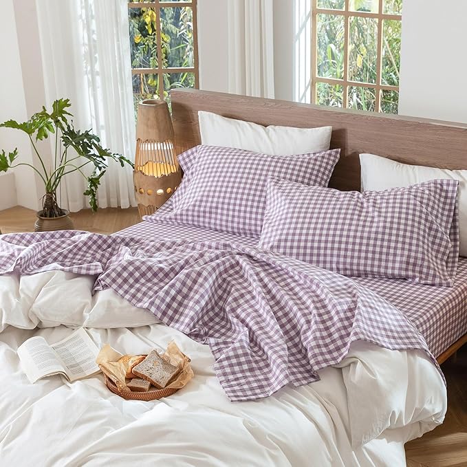 MooMee Gingham Sheet Set 100% Washed Cotton Linen Like Textured Breathable Soft w/Fully Elasticized 16-19" Deep Pocket (Classic Gingham Light Purple, King)