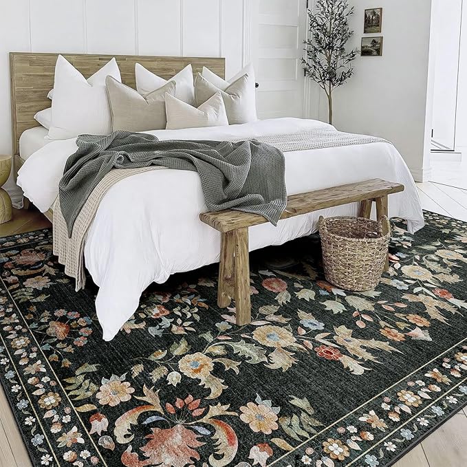 MUJOO 8x10 Area Rugs Washable,Large Floral Rugs for Living Room Bedroom Dining Room,Boho Indoor Floor Rug Non Slip Throw Carpet Low Pile Vintage Black