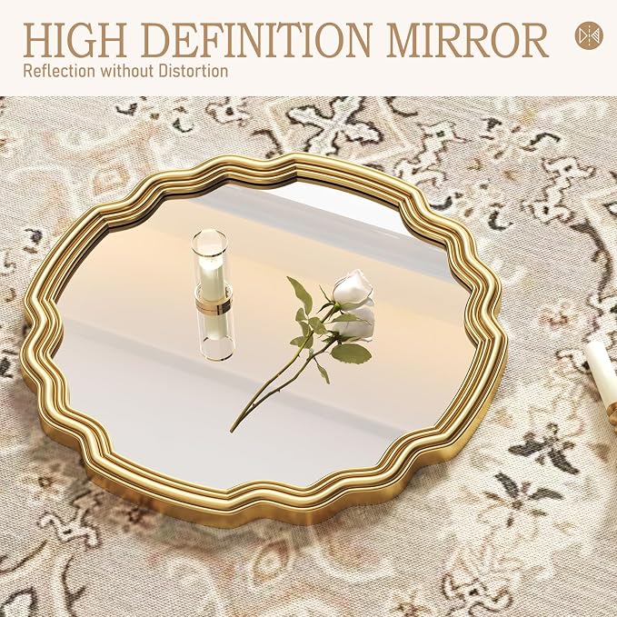 Decorative Gold Round Wave Mirror 26" Scalloped Edge Circle Mirror Wall Decor for Bathroom Entryway Fireplace Living Room Bedroom Hallway with Shatterproof Glass