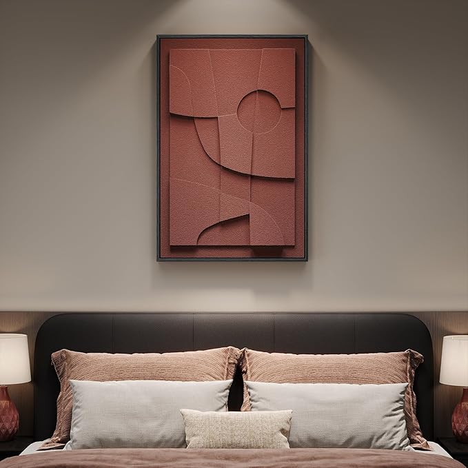 Framed 3D Abstract Wall Art, Red Textured Paintings Artwork for Walls, Modern Minimalist Geometric Wall Decor for Living Room Bedroom Dining Room Hallway Entryway Office 24x36 Inch
