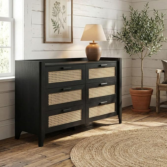 ELISA HOME Rattan-Inspired 6 Drawer Dresser for Bedroom, 47.2″ W Modern Wide Chest of Drawers, Wood Storage Organizer for Clothes, Entryway, Hallway, Nursery or Living Room, Black