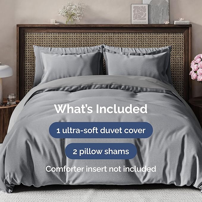 Duvet Cover Full Size - Extra Soft Full Size Duvet Cover - Lightweight & Breathable - Easy Care & Fade Free with Zipper Closures & Ties - 80" x 90" Inches - (Heathered Grey) Comforter Not Included