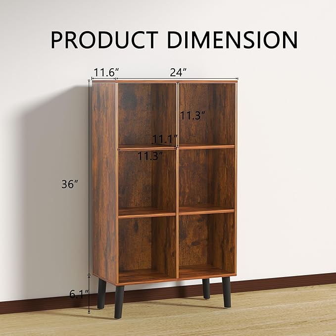 6 Cube Storage Organizer with Legs, 3 Tier Cube Low Bookcase Freestanding Storage Display Organizer for Home Office, Six-Cubes Open Shelf Bookshelf (Retro Brown, 6 Cube Vertical)