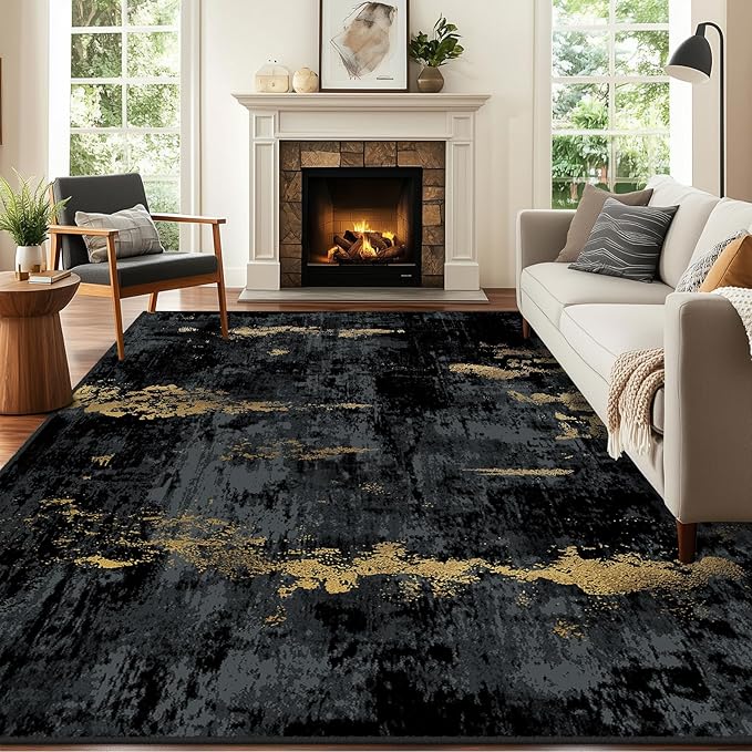 Washable Area Rugs 6'x8' Non-Slip Modern Abstract Soft for Living Room Entryway Bedroom Nursery, Print Pattern, Dark Black Gold