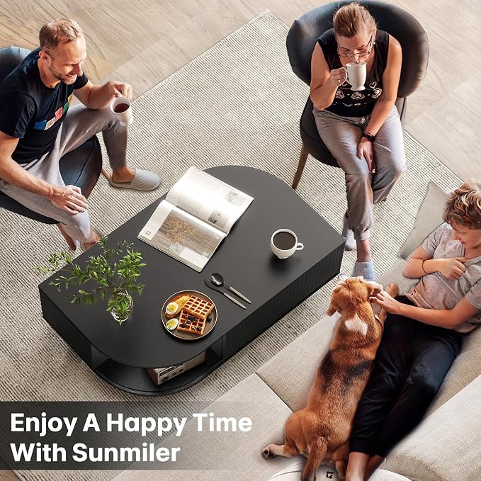 Modern 39.4" Coffee Table with Storage- Leaf-Shaped Wood Center Table with Storage, Retro Fluted Central Table with Sliding Door for Living Room, Office, Black
