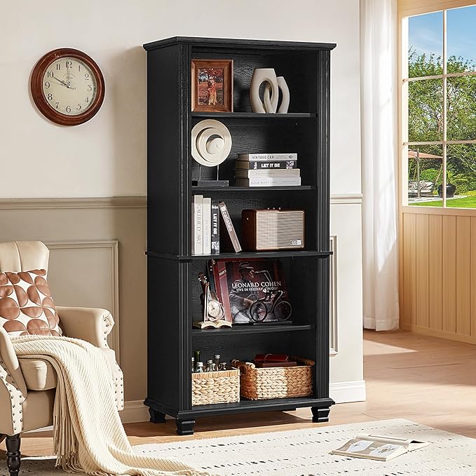SAVOR LIFE 70" Tall Black Bookshelf,5 Tier Wooden Book Shelf with Adjustable Shelves & Wood Legs,Free Standing Farmhouse Bookcase with Open Display Storage,Vintage Bookshelves for Living Room, 2PCS