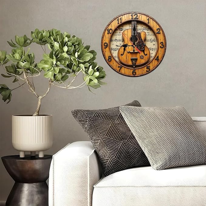 Tan Black Acoustic Guitar Round Wall Clock - 10 Inch Non-Ticking Timepiece for Study Play Room Kitchen Decor