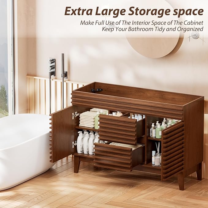 APRILSOUL 48" Bathroom Vanity, Mid-Century Bathroom Vanity Cabinet with 2 Soft Closing Doors, Freestanding Bathroom Cabinet, Particleboard Frame with Wood Grain Laminate, Walnut (Sink Not Included)