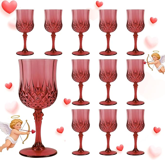 Plastic Wine Glasses, Plastic Goblets Vintage Style Cordial Drinking Glasses for Valentine’s Day, Wedding Reception, Grand Event Party Supplies (12, Scarlet Rose)