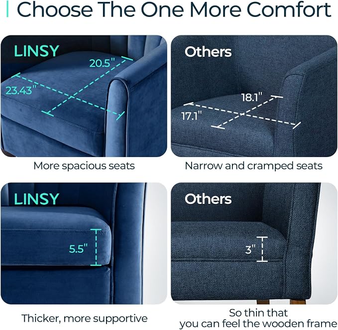 LINSY Accent Chair with Ottoman, Modern Armchair Comfy Barrel Reading Chair with Footrest for Living Room Bedroom Reading Room, Velvet, Blue