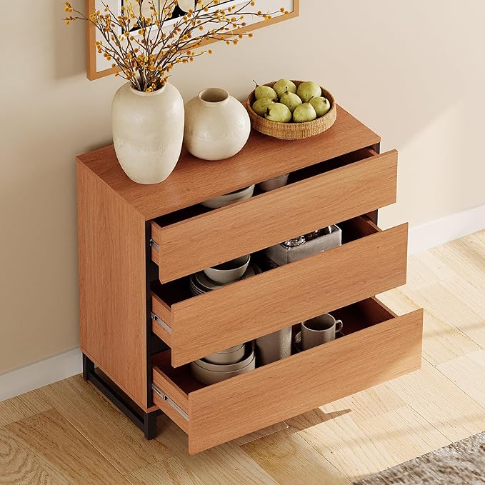 WAMPAT Dresser for Bedroom, Closet Organizers and Storage with 3 Drawers, Chest of Drawers with Metal Base, Modern Wood Dresser for Living Room, Hallway, Entryway, Mocha