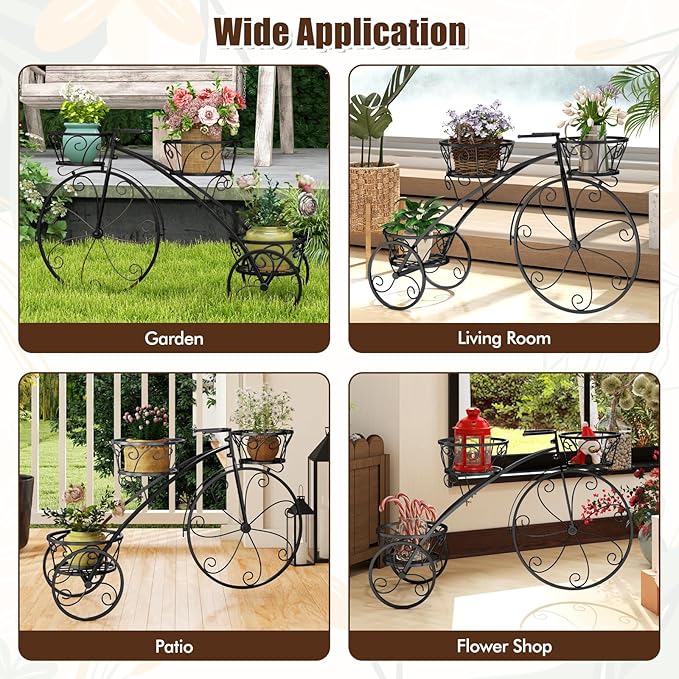 Giantex Metal Bicycle Planter, 3 Tier Tricycle Flower Plant Stand w/ 3 Decorative Wheels, Parisian Style Flower Display Stand Cart for Home Decor Patio Garden Flower Shop Indoor Outdoor