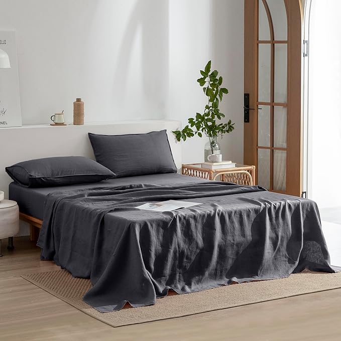 EVERLY Linen Twin Sheets Set, 100% Stonewashed French Linen Bed Sheets Deep Pocket Sheets, 3 Pieces (1 Flat Sheet, 1 Fitted Sheet, 1 Pillowcase) Natural Flax Bedding Set, Dark Grey