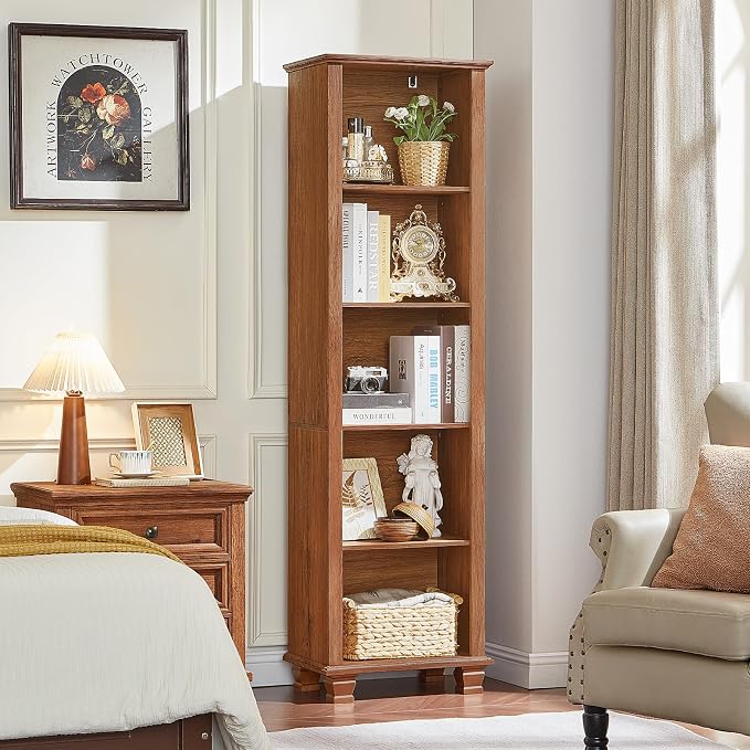 SAVOR LIFE Narrow Brown Book Shelf, 70" Tall Skinny Bookshelf with Adjustable Shelves & Wooden Legs, Farmhouse Wood Bookcase w/5-Tier Open Storage, Free Standing Book Case for Office, Living Room