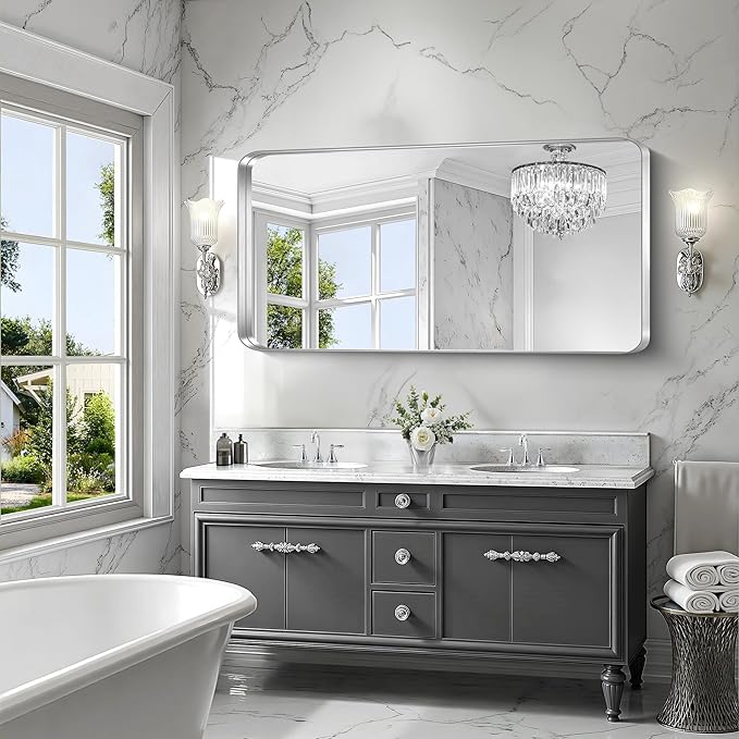 CIRCUMI Silver Bathroom Mirror, 30"x60" Rectangular Mirror with Deep Metal Frame, Rounded Corner, Tempered Glass, Large Mirror for Wall, Over 2 Sinks, Installed Vertically/Horizontally, Crystal-Clear