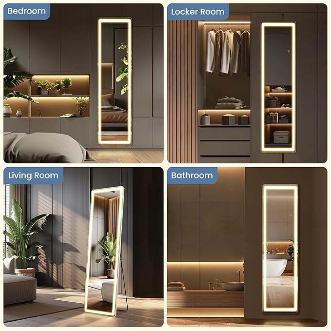 OLIXIS 16"x 60" LED Full Length Mirror with Lights, Standing Lighted Floor Full Body Mirror with 3 Color Lighting, Wall Mounted Mirrors for Bedroom, Bathroom, Entryway with Tempered Glass