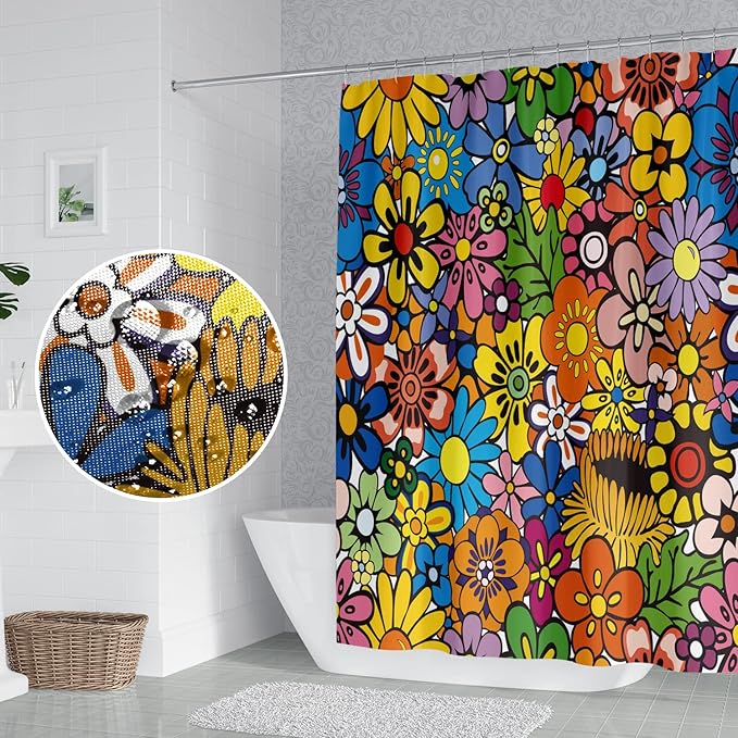 Bohemia Colorful Flowers Bathroom Shower Curtain Funky Retro Hippie 60s 70s Aesthetic Washable Polyester Durable Fabric Home Shower Curtain with Hooks, 72x84 Inch