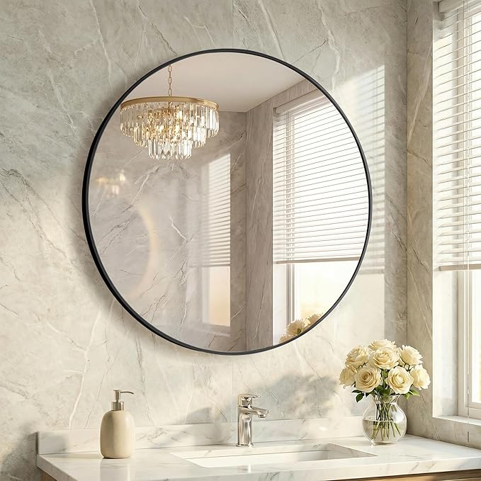 30 Inch Black Round Bathroom Wall Mirror, Round Mirrors for Wall Decor, Circle Mirror for with HD Shatter-Proof Glass for Entryway, Living Room, Bedroom, Dressing Room, Home Decor