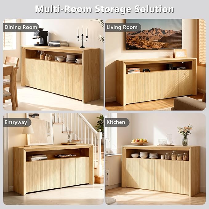 66.2" Buffet Cabinet with Storage and led Lights,Modern Sideboard Cabinet with 4 Doors & Shelves,Fluted Media Console Mid Century Coffee Bar Table for Living Room Kitchen Dining Room,Oak