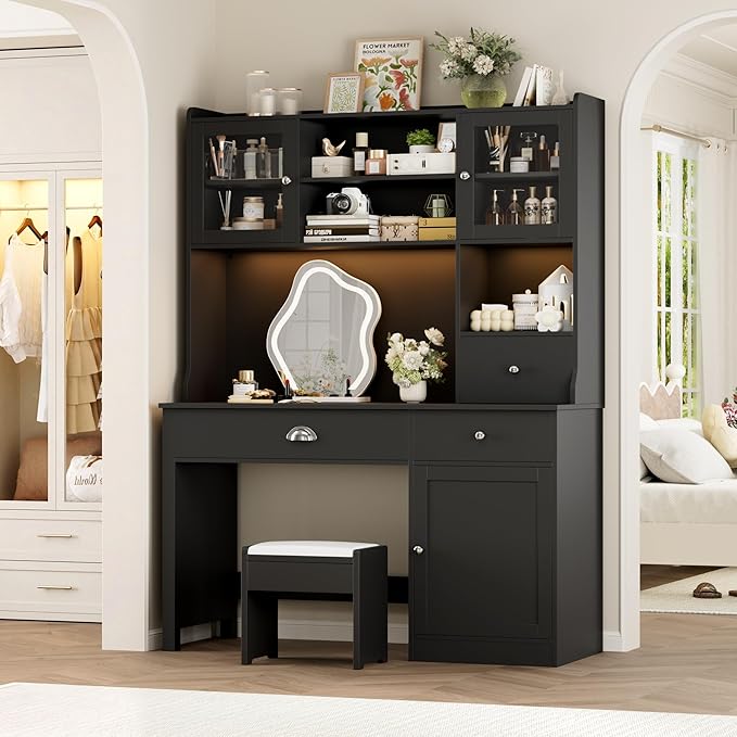 FACBOTALL Computer Desk with Hutch and RGB Lights, 65" Office Desk with Power Outlet, Makeup Vanity with 3 Doors & 3 Drawers, Executive Desks for Home, Work and Study, Black (Black)
