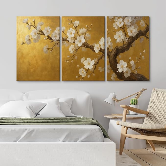 wall26 Canvas Print Wall Art Set Golden Cherry Blossom Tree Elegant Floral Illustrations Fine Art Decorative Botanical Rustic for Living Room, Bedroom, Office - 24"x36" x 3