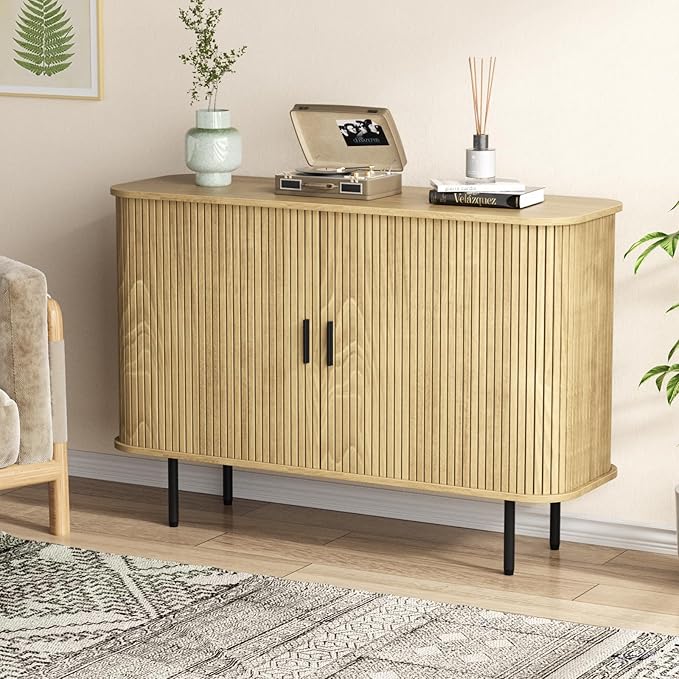 Vabches 47''W x 32''H Storage Cabinet, Fluted Sideboard Buffet Accent Cabinet with Storage, Console Table Credenza with Tambour Slatted Sliding Doors and Shelves for Living Room, Kitchen, Natural