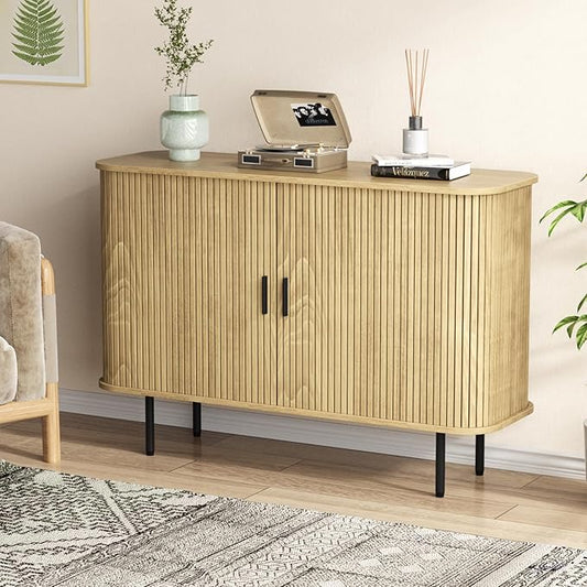 Vabches 47''W x 32''H Storage Cabinet, Fluted Sideboard Buffet Accent Cabinet with Storage, Console Table Credenza with Tambour Slatted Sliding Doors and Shelves for Living Room, Kitchen, Natural