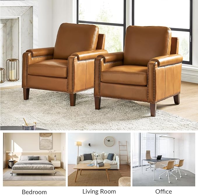 HULALA Home Genuine Leather Accent Chair with Wooden Legs & Nailhead Trim, Comfy Upholstered Armchair with Removable Cushion & Rolled Arms Set of 2 (Camel)