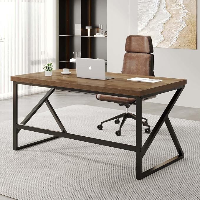 HSH Minimalist PC Desk, Industrial Home Office Desk, Sturdy Wood and Metal Desk, Rustic Vintage Oak 55 Inch Work Study Writing Desks Computer Table for Living Room Bedroom