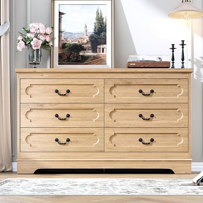LIDYUK 6 Drawer Dresser for Bedroom Farmhouse Natural Tall Wood Chest of Drawers for Bedroom Dresser, Modern Rustic 47.2" Wide Drawers Dressers Wooden Closet and Storage Cabinet, Hallway, Living Room