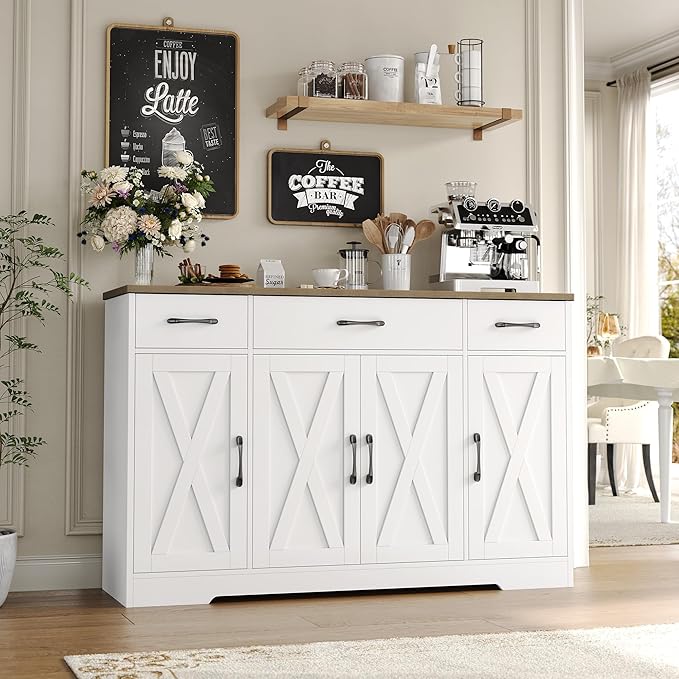 HOSTACK Buffet Cabinet with Drawers, 55" Large Sideboard Buffet Storage Cabinet with Shelves and Doors, Modern Farmhouse Coffee Bar Station Wood Kitchen Table for Kitchen, Dining Room, White/Rustic