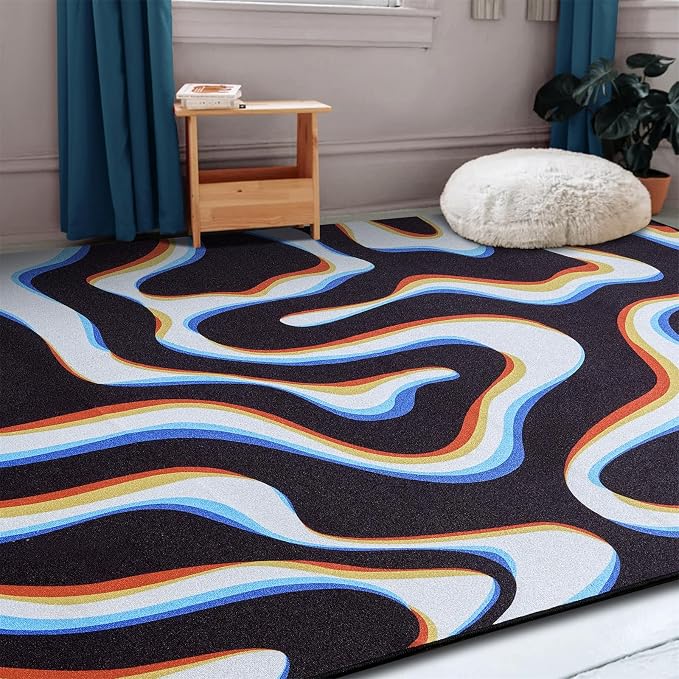 Trippy Abstract 4x6 Area Rug Ultra Thin Flatweave Funky Aesthetic Minimalist Geometry Swirl Bedroom Rug Colorful Black White, Retro Cool Washable Carpet for Kitchen Entryway Living Room Dorm
