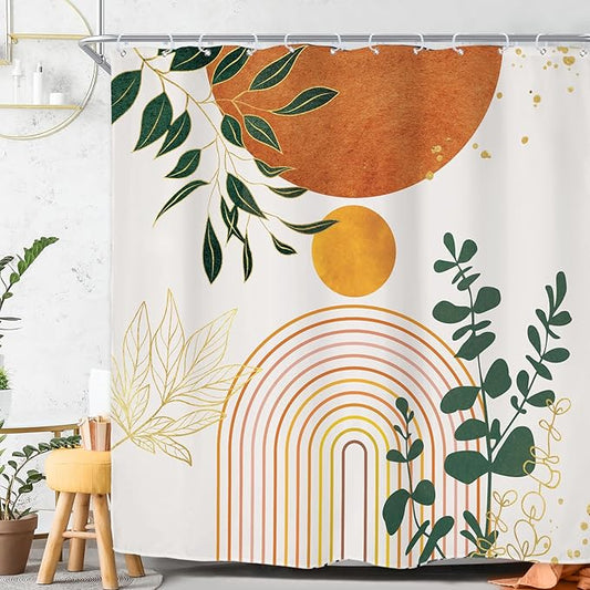Riyidecor Orange Boho Mid Century Modern Shower Curtain for Bathroom Decor 72Wx72H Abstract Gold Leaves Minimalist Geometric Arch Sun Art Printed Fabric Polyester Waterproof 12 Pack Plastic Hooks