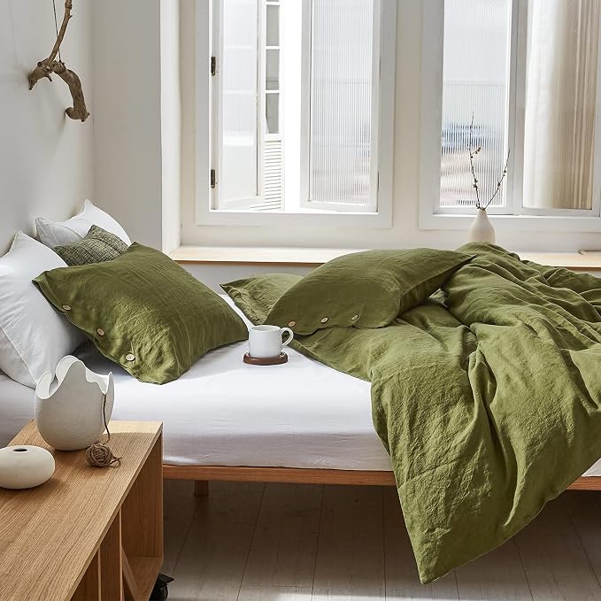 Simple&Opulence 100% Linen Duvet Cover Set 2pcs with Coconut Button Closure Natural French Washed Flax Solid Color Soft Breathable Farmhouse Bedding - Olive Green, Twin Size