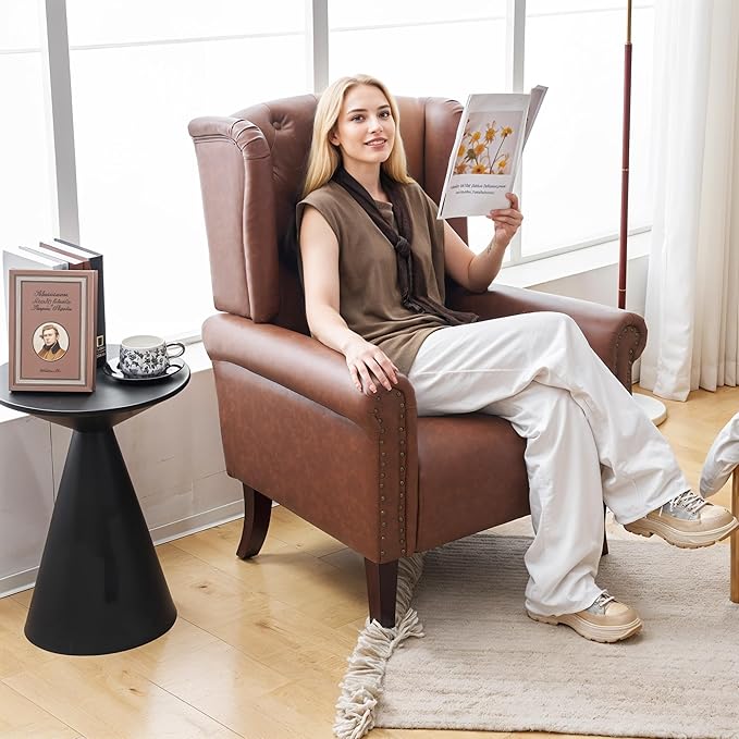 MOJAY Mid-Century Modern Living Room Chairs Set of 2, Upholstered Faux Leather Accent Chairs Club Arm Chair, Single Sofa Chair with Solid Wooden Legs for Bedroom Study Home Office Lounges (Brown)