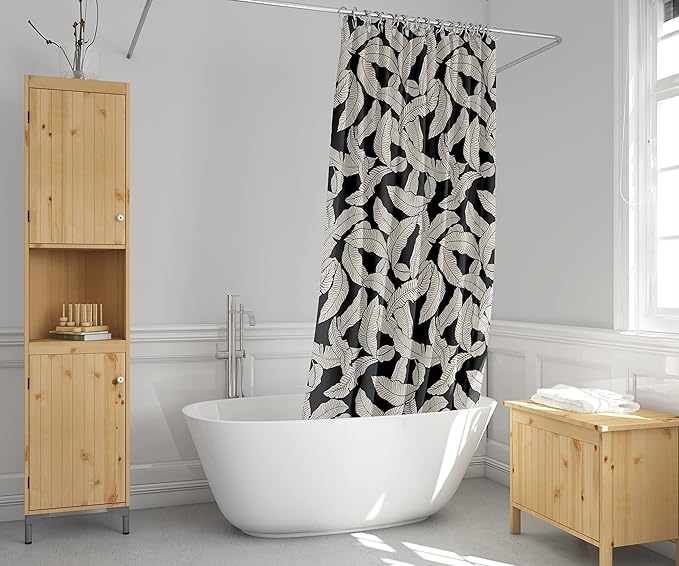 Black and Cream Banana Leaf Shower Curtain – 72x72 Tropical Botanical Fabric Bathroom Curtain, Minimalist Monochrome Design, Modern Printed Decor for Apartments, Guest Baths, or Dorms