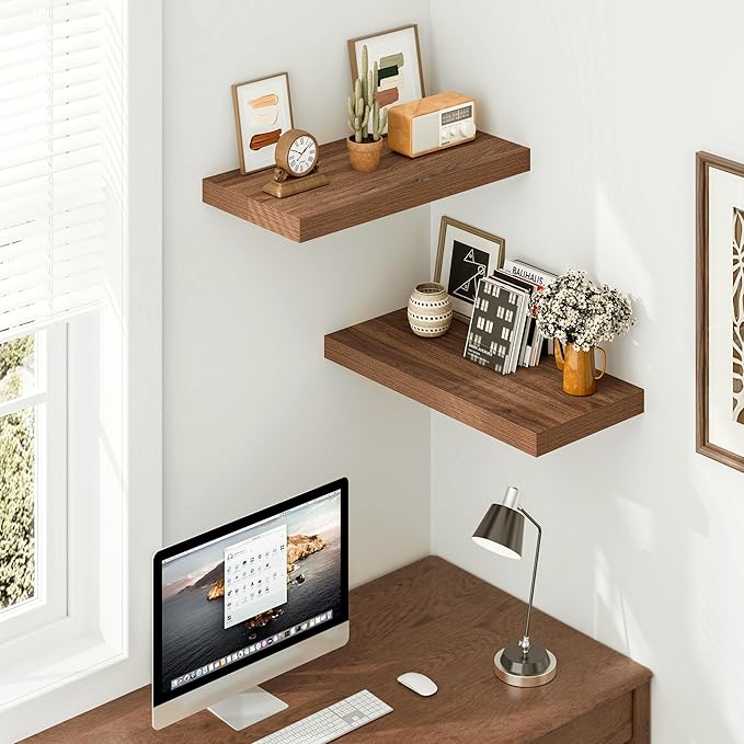 Vivelove Rustic Floating Shelves for Wall 12 Inch Deep, 23.6" X 12" X 1.5" Floating Shelf, 2 Inch Thick Shelf for Living Room Bathroom Bedroom Kitchen Office, Rustic Farmhouse Decor Set of 2, Walnut
