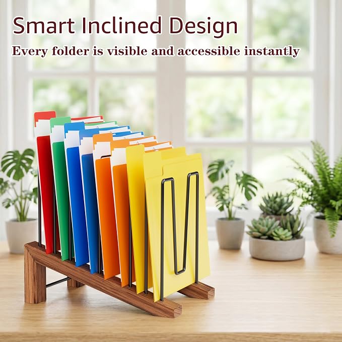 TREWAVE Inclined File Organizer for Desk, Adjustable 7-Section Vertical Desk File Organizer with Wooden Base, Metal Desktop Paper Folder Holder for Office, Home, Classroom and School Workspace