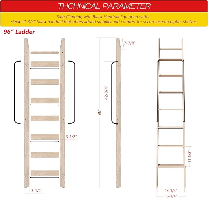 96in Attic Rolling Library Ladder, 8 Step Wooden Ladder with,Loft Ladder Bookshelf,Wall Stairs Red Oak Stair Platform Bunkbed Ladder,for Home Kitchen,Warehouses,Bookstore,DIY Stain
